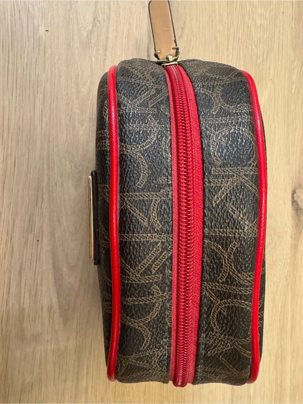 Calvin Klein Brown Logo Toiletry Bag with Tan Panel and Red Trim